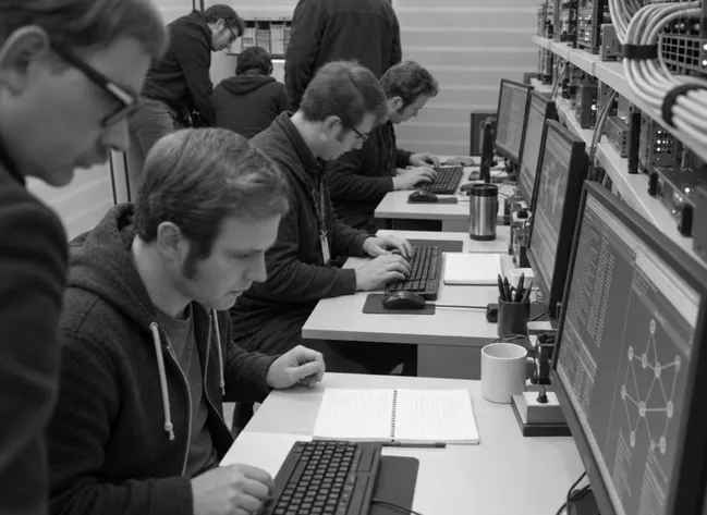 The same room today: a row of people at flat-screen workstations beside a rack of cabled servers